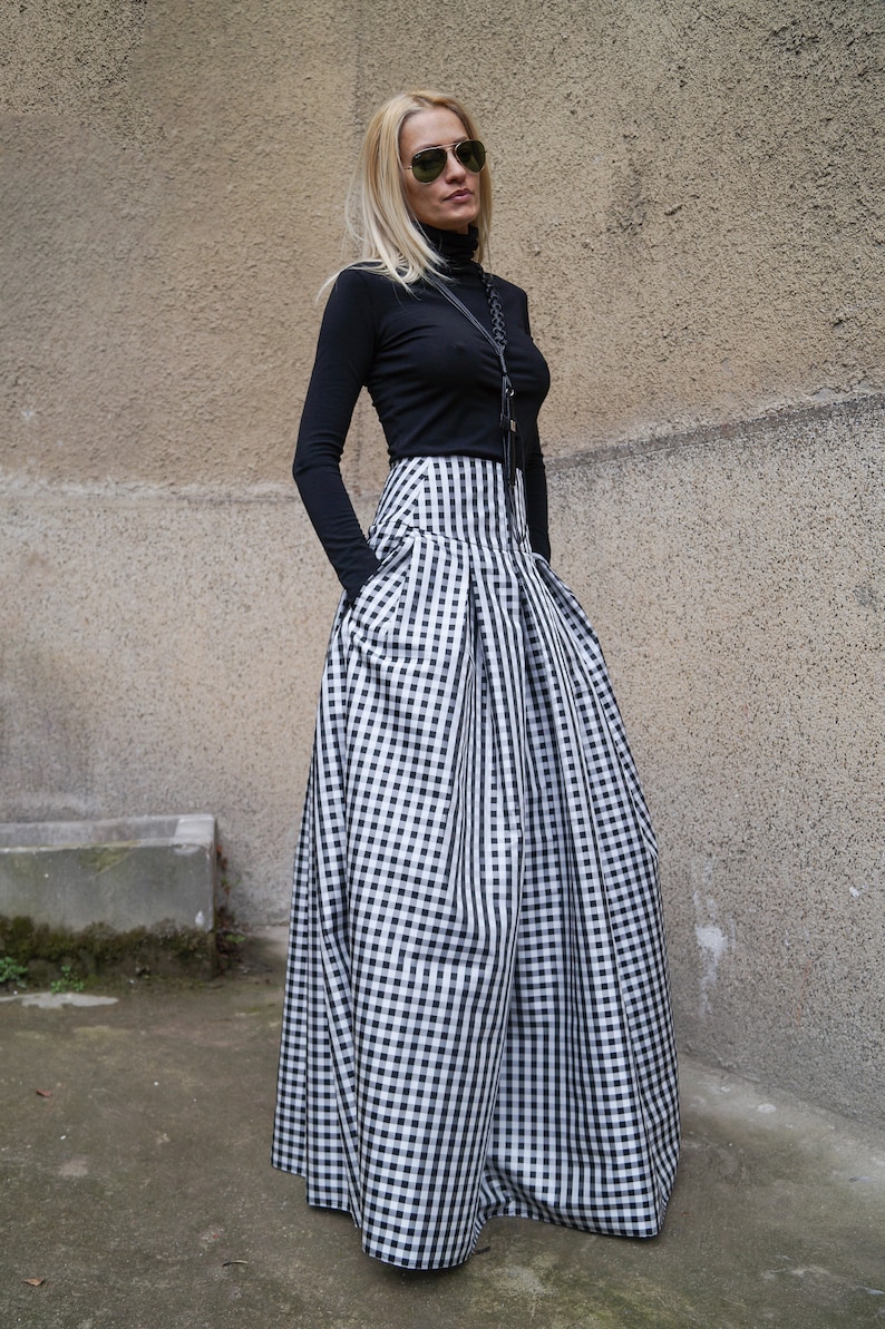 Gingham Lovely Black and White Long Maxi Skirt/High or Low Waist Skirt/Long Waistband Skirt/Fashion Skirt/Pleated Skirt/Maxi Skirt/F1578 image 1