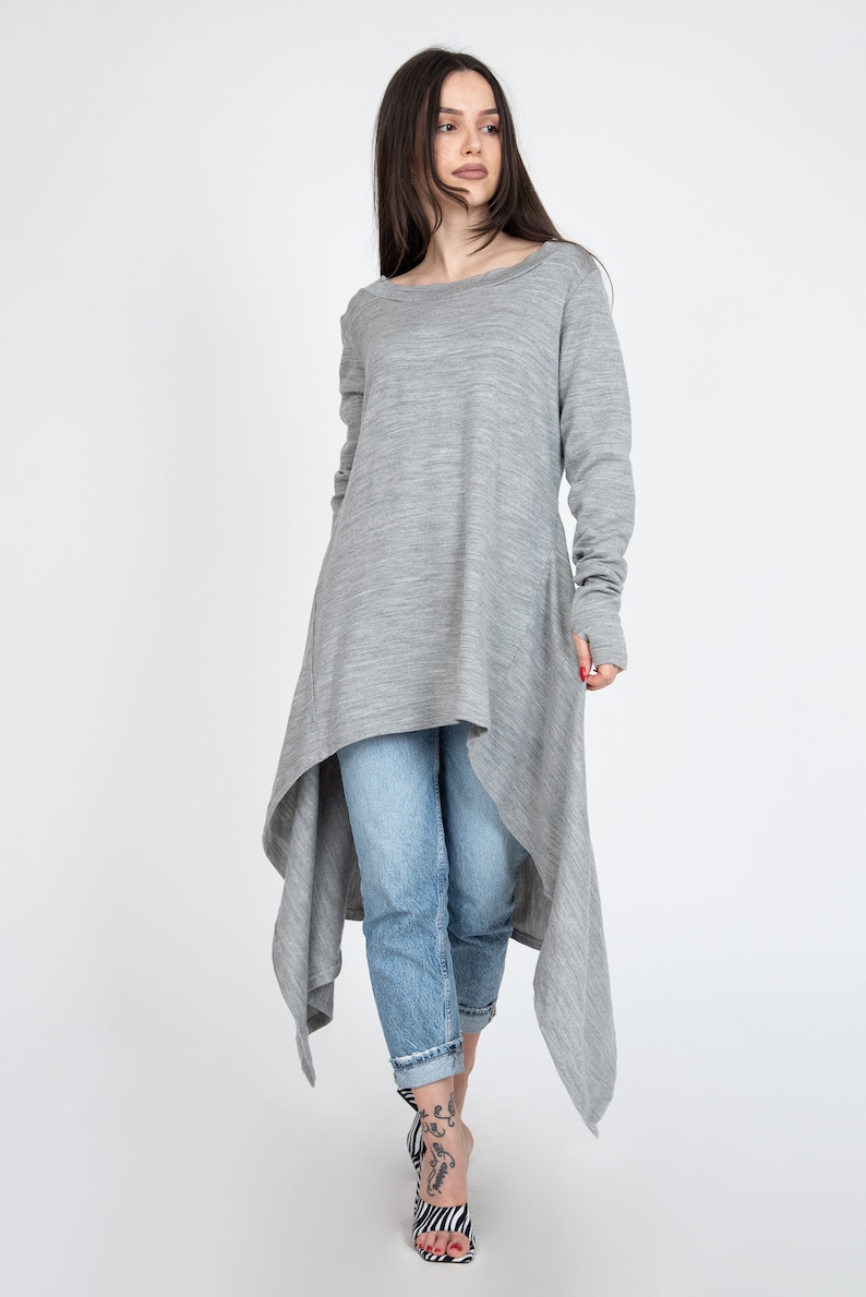 Grey Asymmetrical Sweater/Cozy Sweater/Sweater Dress/Knit Dress/Women Ribbed Sweater/Maxi Blouse/Over Sized Knit Top/Winter Blouse/F1234 image 2