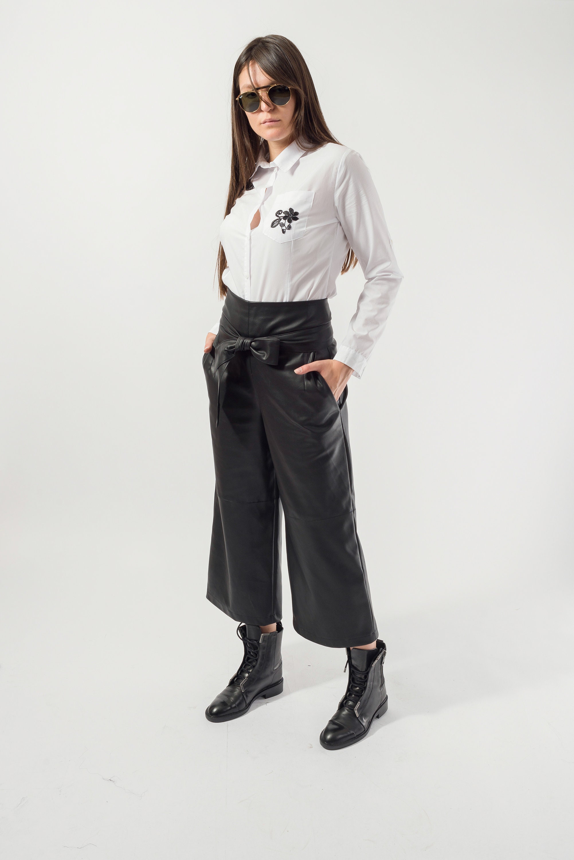 Eco Leather Wide Leg Pants/high Waisted Belted Trousers/wide Leg Long ...