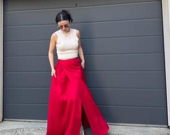 Linen Wrap Skirt with Slit, Adjustable Tie Skirt/F5101