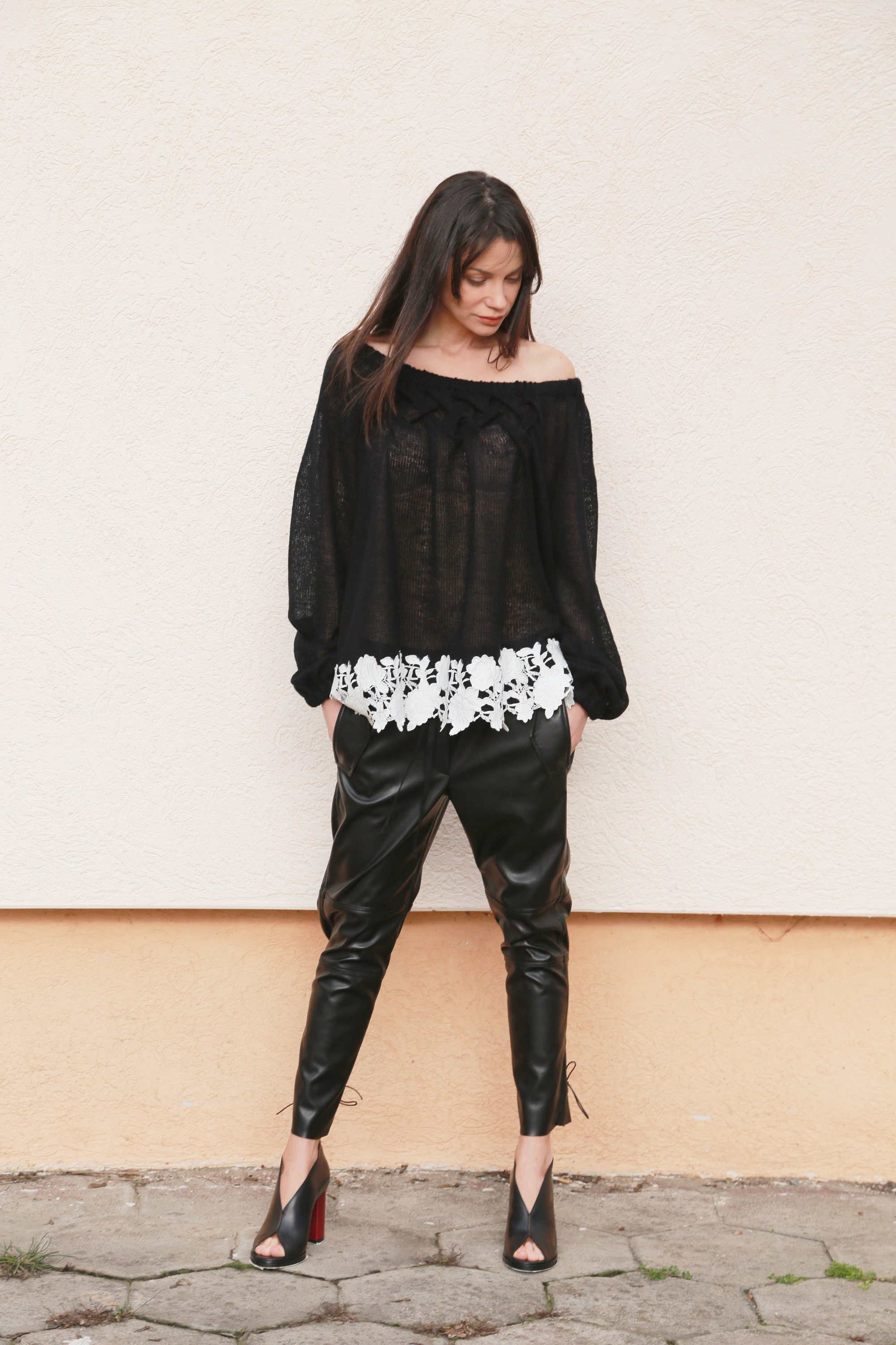 Faux Leather Pants/dropped Crotch Pants/relaxed Fit Pants/black Faux ...