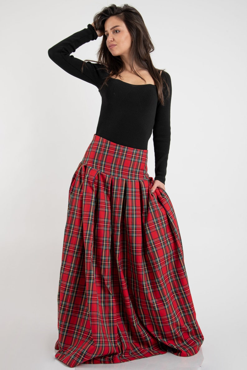 Lovely Checked Long Maxi Skirt/High or Low Waist Skirt/Long Waistband Skirt/Handmade Skirt/Low Waisted Black Skirt/Formal Skirt/Skirt/F2128 image 2