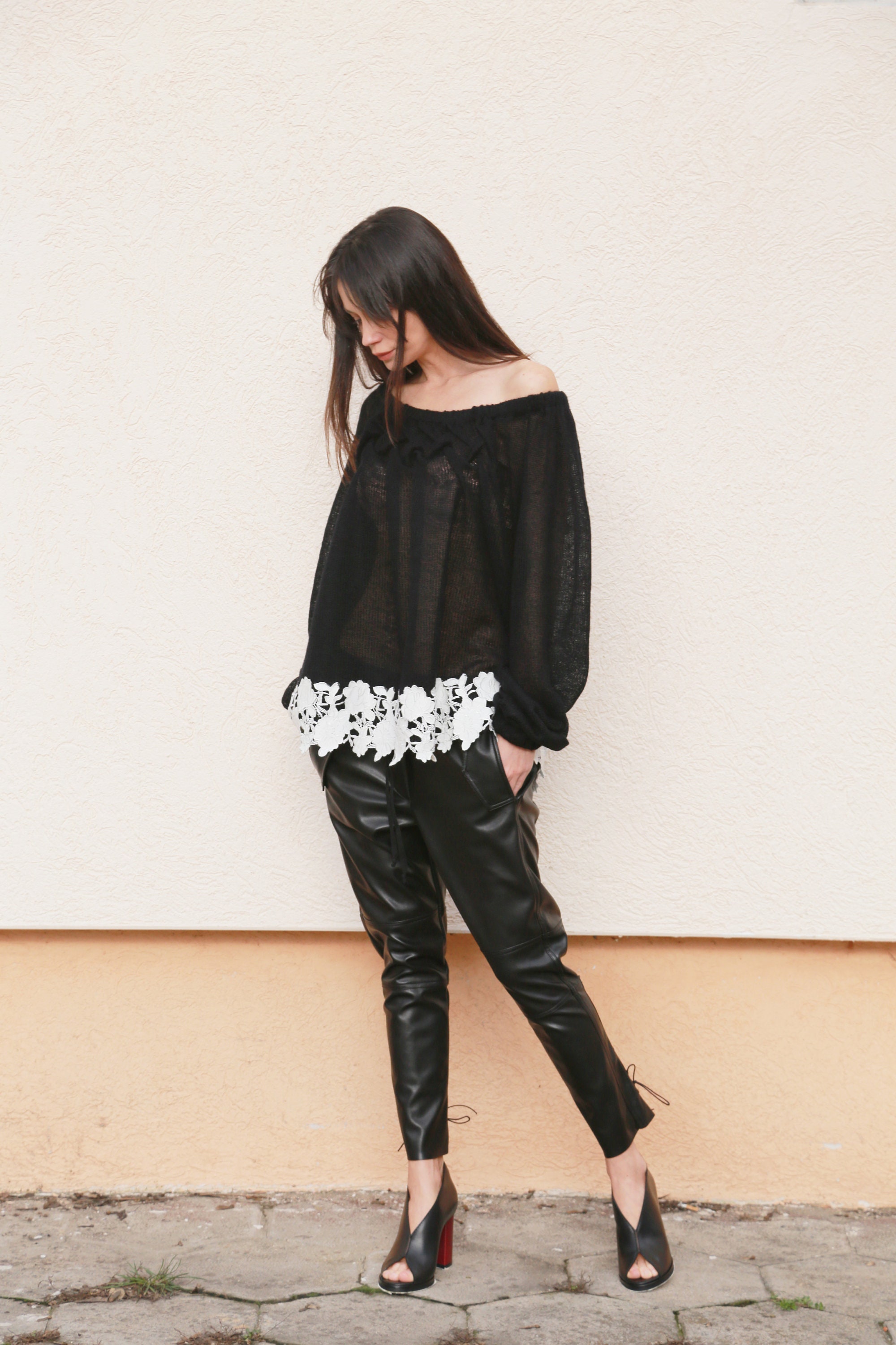 Faux Leather Pants/dropped Crotch Pants/relaxed Fit Pants/black Faux ...