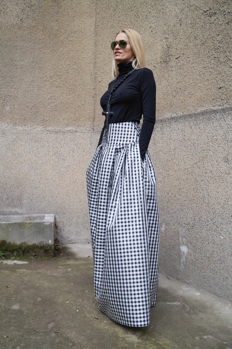 Gingham Lovely Black and White Long Maxi Skirt/High or Low Waist Skirt/Long Waistband Skirt/Fashion Skirt/Pleated Skirt/Maxi Skirt/F1578 image 3