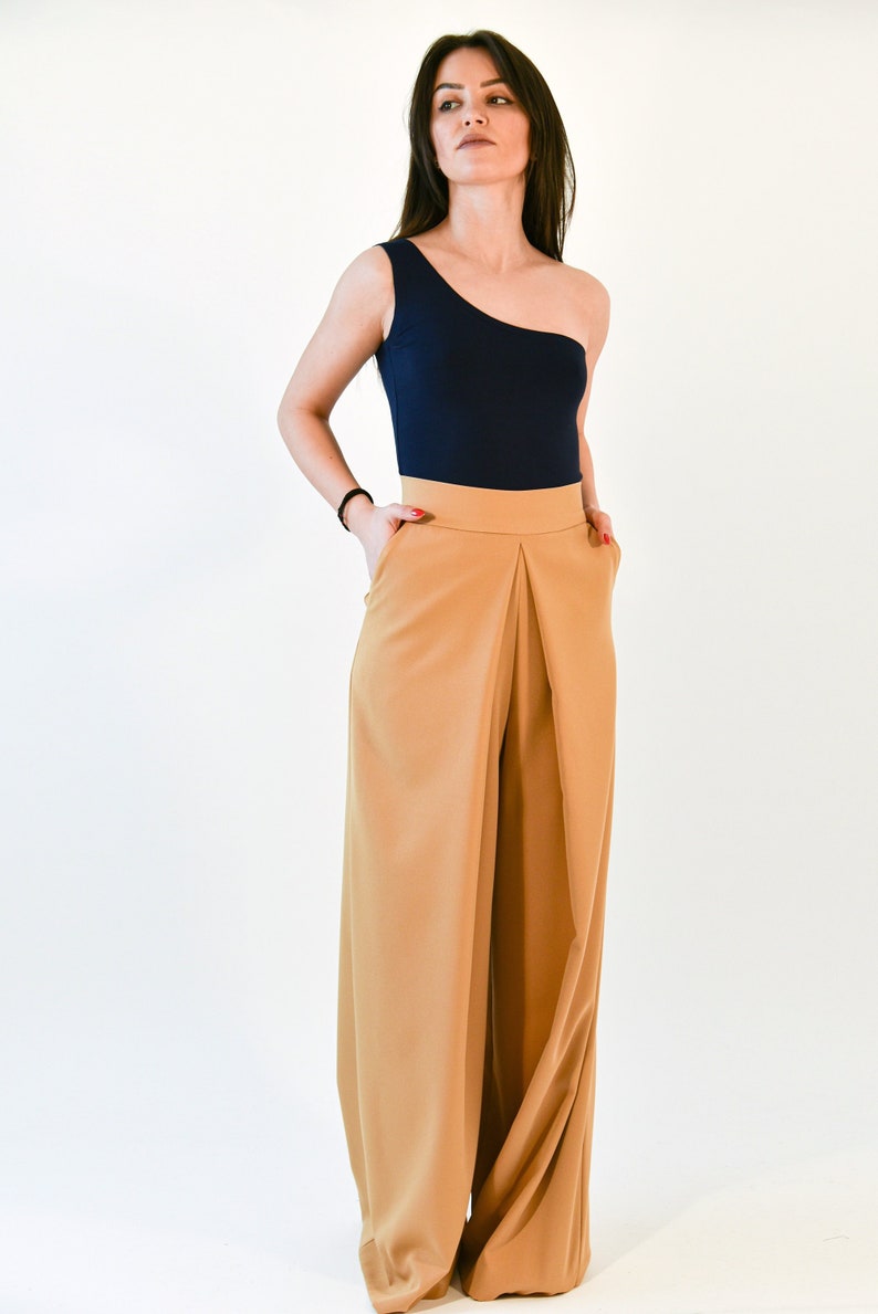 Beige Pants Skirt/High Waist Pants/Pockets/Wide Leg Pants/Comfortable pants skirt/Beige Handmade Pants/Plated Pants/Elegant Skirt/F2018 image 1