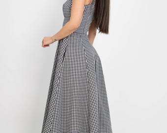 Handmade Dress/elegant Maxi Dress/gingham Lovely Black and White Midi Dress/vintage  Style Gingham Dress/midi Summer Dress With Pockets/f5077 - Etsy