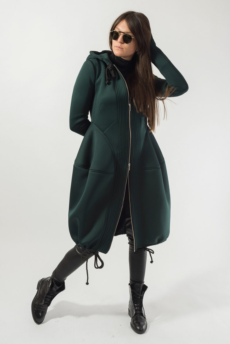 Hooded Long Neoprene Coat/Winter Cape Coat/Neoprene Coat/Long Sleeve Trench Coat/Large Pockets Coat/Autumn Winter Green Coat/F1824 image 1