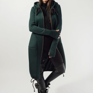 Hooded Long Neoprene Coat/Winter Cape Coat/Neoprene Coat/Long Sleeve Trench Coat/Large Pockets Coat/Autumn Winter Green Coat/F1824 image 2