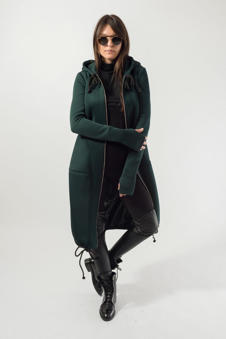 Hooded Long Neoprene Coat/Winter Cape Coat/Neoprene Coat/Long Sleeve Trench Coat/Large Pockets Coat/Autumn Winter Green Coat/F1824 image 2