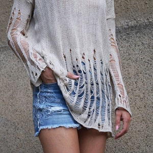 NEW/Destroyed Sweater/Distressed Sweater/Asymmetrical Sweater/Over Sized Top/Knitwear Blouse/Pullover/Off Shoulder Sweater/Knit Blouse/F1597