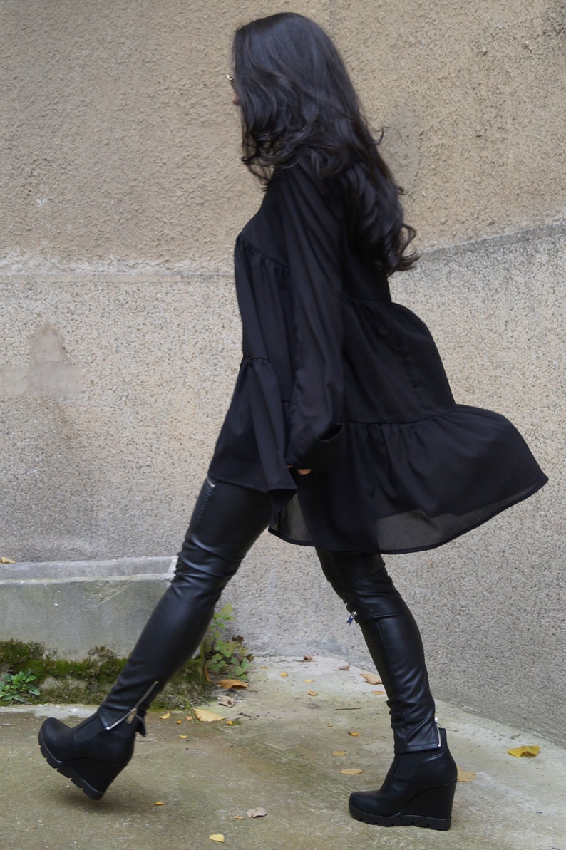 Women ShirtLong S.leeved ShirtRuffle ShirtBlack TopBlack ShirtFall shirtSexy ShirtFashion ShirtLoose Tunic Drape ShirtF1511