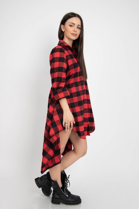 asymmetric plaid shirt dress Asymmetrical Plaid Casual Shirt Dress [Pre-order] – Belchic main image 1