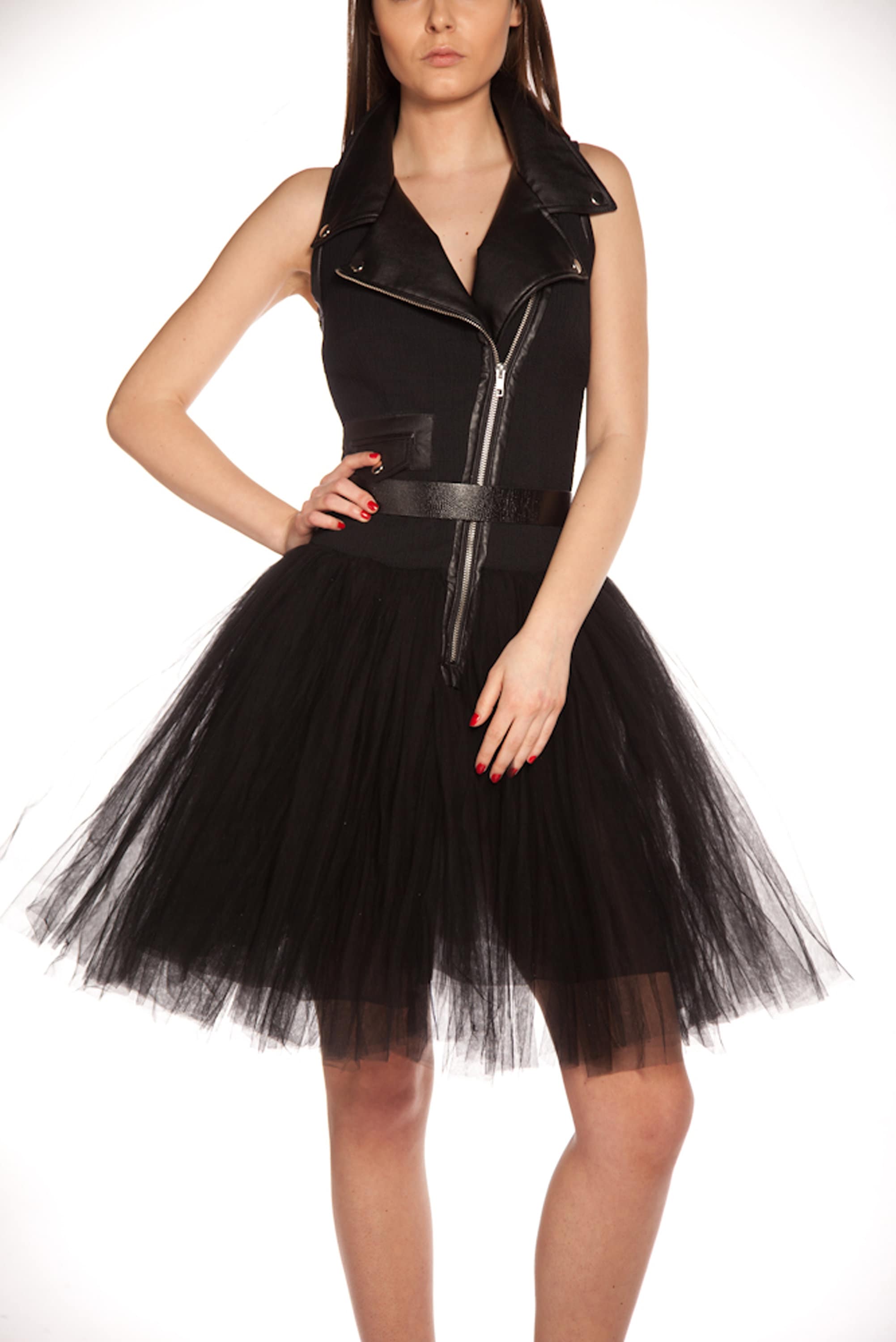 Black Tulle Skirt Dress: Vegan Leather Top, Zipper Mini