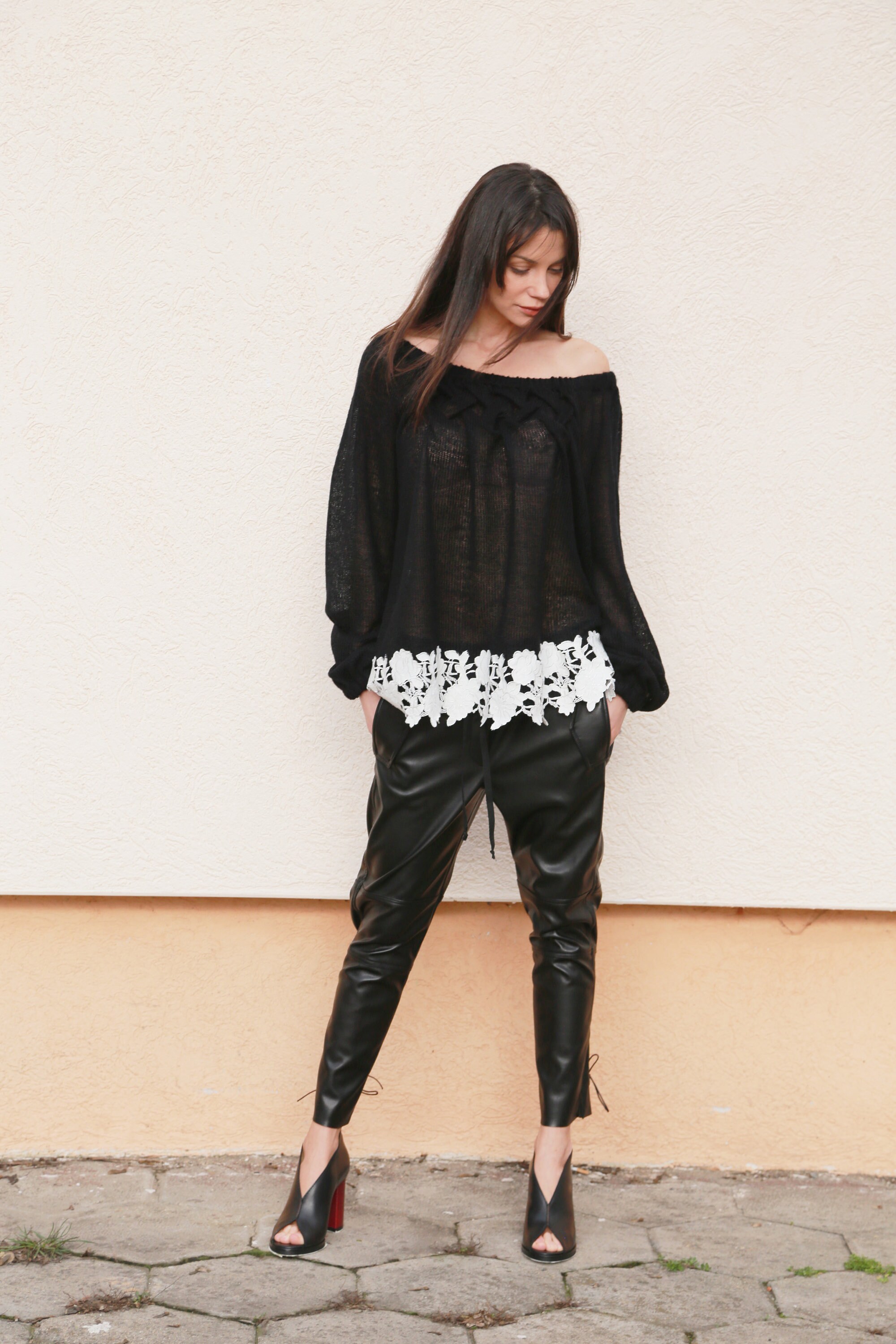 Black Leather Lace Sweater/sweater 