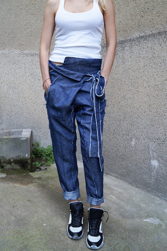 Tapered Pants/loose Linen Pants/denim Pants/casual Drop Crotch Pants/frayed  Trousers/straight Leg Pants/trousers/denim Belted Pants/f1589 - Etsy