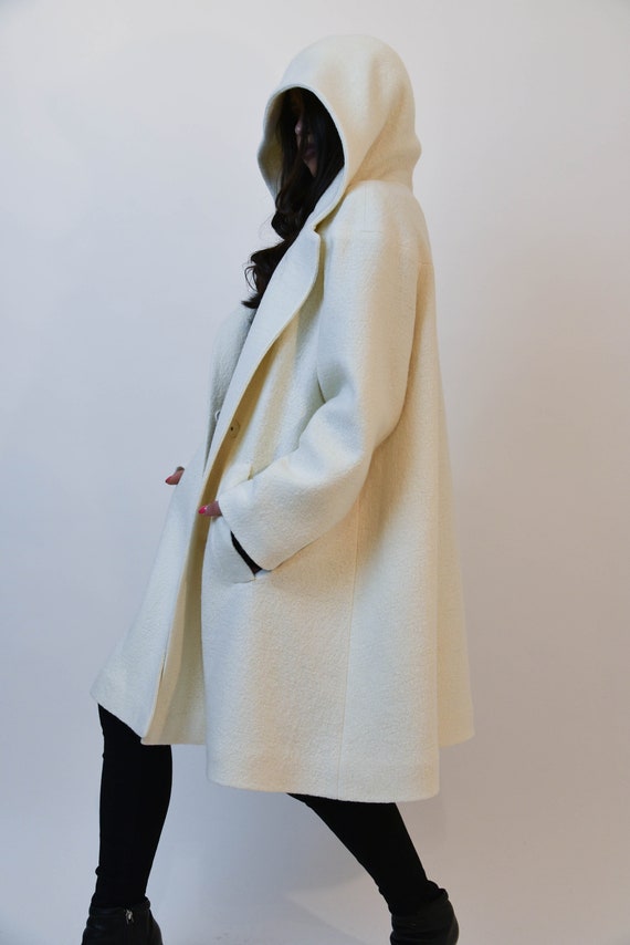 Straight Coat/off White Boucle/wool Boucle Coat/hooded - Etsy