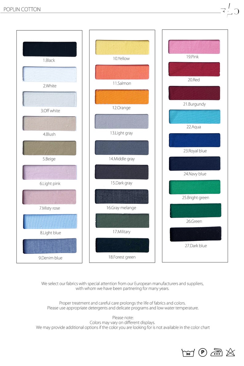 Puede incluir: Carta de colores para tejido de popel&iacute;n de algod&oacute;n. La carta muestra 27 colores diferentes, incluyendo negro, blanco, blanco roto, rubor, beige, rosa claro, rosa empolvado, azul claro, azul denim, amarillo, salm&oacute;n, naranja, gris claro, gris medio, gris oscuro, gris jaspeado, militar, verde bosque, rosa, rojo, burdeos, aguamarina, azul real, azul marino, verde brillante, verde y azul oscuro.