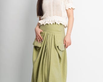 Long Linen Skirt with Pockets – Extravagant Summer Maxi Skirt/F5035