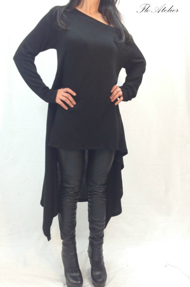 Black Asymmetrical SweaterCozy Pullover Sweater DressKnit DressWomen Ribbed SweaterMaxi BlouseOver Sized Knit TopWinter BlouseF1011