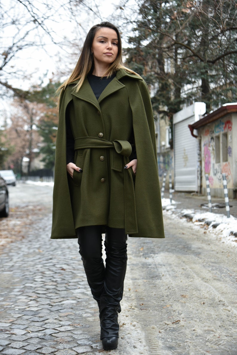 Winter Cape Coat/Green Jacket/Cape Coat/Cape Jacket/Green Fashion Cape Coat/Winter Jacket/Cloak Coat/Military Green Handcrafted Cloak/F2199 image 2