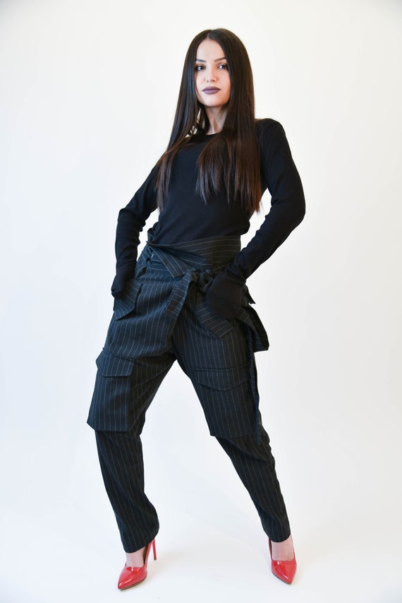Tapered Pants/Loose Black Pants/Casual Drop Crotch Pants/Wide Leg Pants/Straight Leg Pants/Handmade Trousers/Gray Striped Pants/F1979