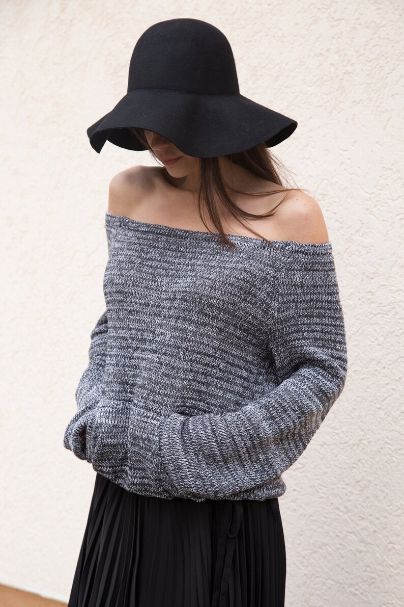 Handmade Grаy Melange Asymmetrical Sweater/Knitwear Dress/Long Pullover/Loose Plus Size Sweater/ Off Shoulder Sweater/Knit Blouse/Top/F1553 image 1
