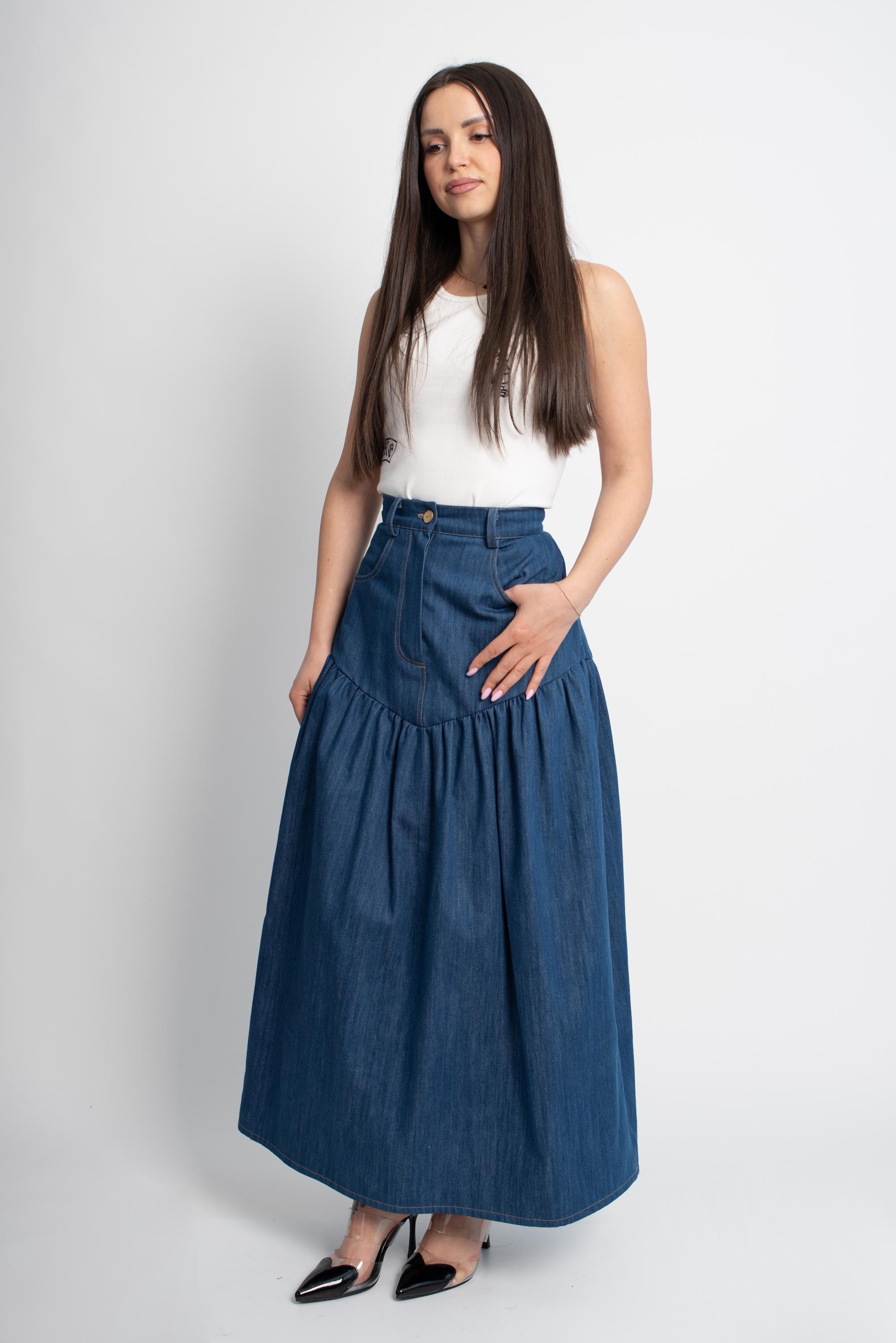 Denim Midi Skirt/Classic 100% Cotton Denim Skirt with Pockets/Handmade Custom Length Skirt/Vintage Style Jean Skirt/A-Line Jean Skirt/F5060