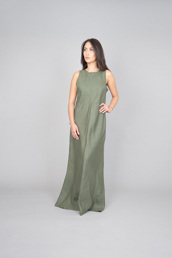 Vestido de fiesta de lino / Vestido de lino verde / Maxi vestido diario /  Vestido casual verde oliva / Vestido hecho a mano / Vestido largo del piso  / Vestido abierto sin mangas / F1231 -  España