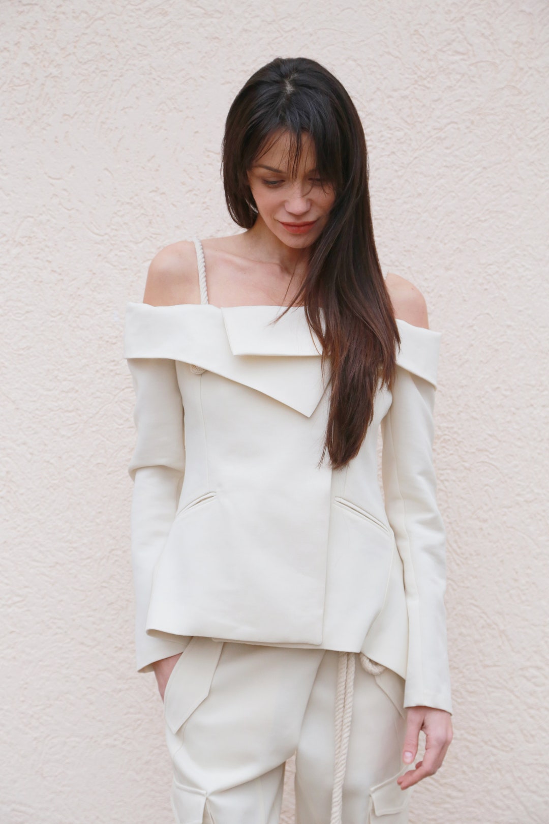 White Blazer/all Season Coat/extravagant Blazer/jacket With Open  Shoulder/casual Blazer/stripe Jacket/off Shoulder Blazer/lined Coat/f1550 