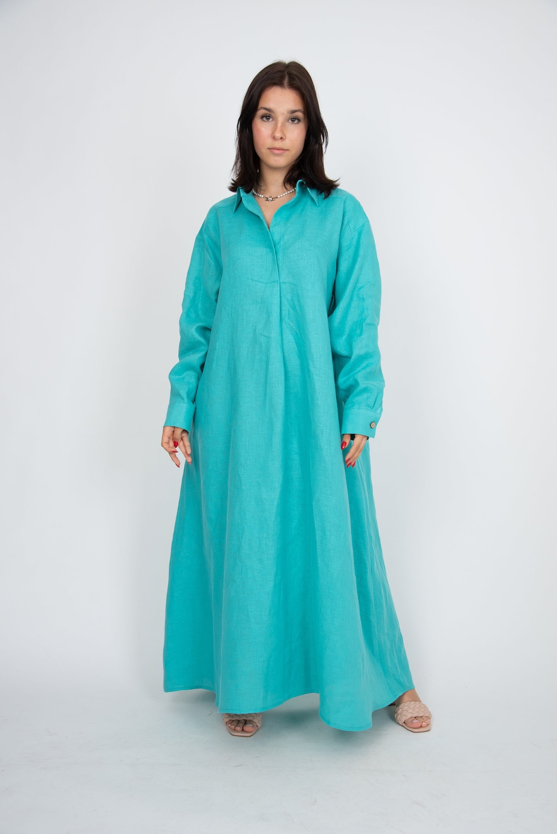 Turquoise Linen Dress/linen Shirt Dress/oversized Shirt Etsy