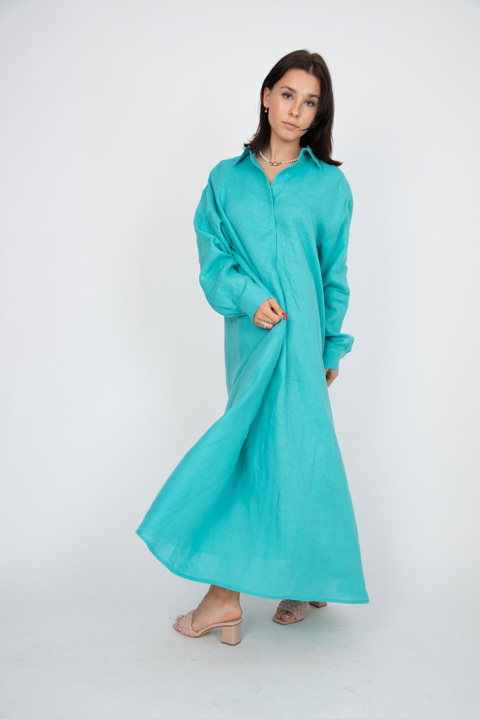 Turquoise Linen Dress/linen Shirt Dress/oversized Shirt Etsy