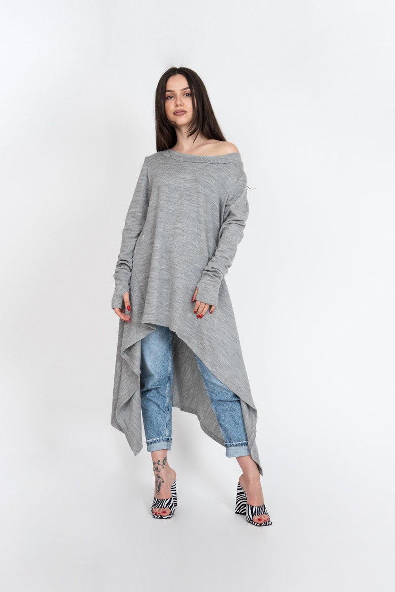 Grey Asymmetrical Sweater/Cozy Sweater/Sweater Dress/Knit Dress/Women Ribbed Sweater/Maxi Blouse/Over Sized Knit Top/Winter Blouse/F1234 image 1