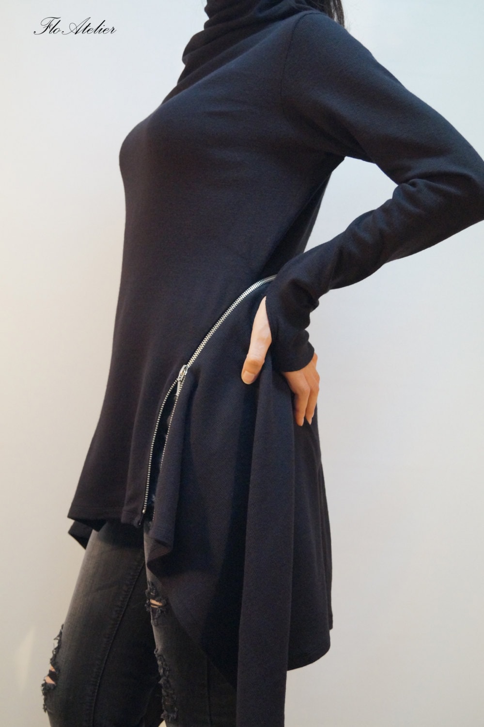 Knitted black Sweater dresses Design asymmetric Big high neck knitted tops main image 1