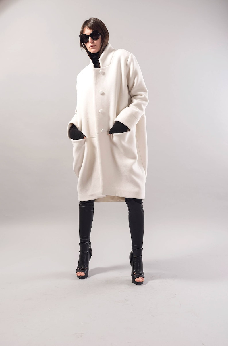 Straight Coat/Off White Coat/Wool Cashmere Coat/Winter Coat/Oversize Coat/Unstructured Coat/Asymmetrical Coat/Extravagant Coat/F1731 image 4