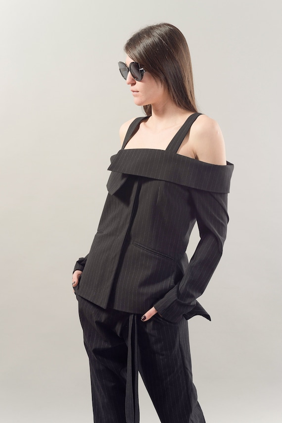 Black Stripe Blazer deconstructed Coat extravagant Blazer jacket With Open Shoulder casual Blazer stripe Jacket off Shoulder Blazer f1811 Etsy Ireland