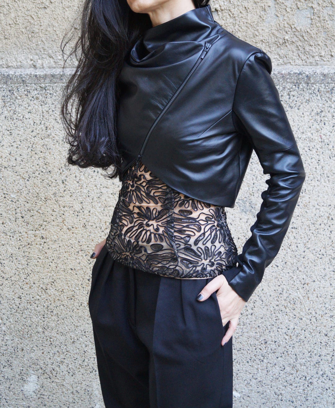Black Vegan Leather Jacket/zipper Jacket/short Jacket/cropped - Etsy