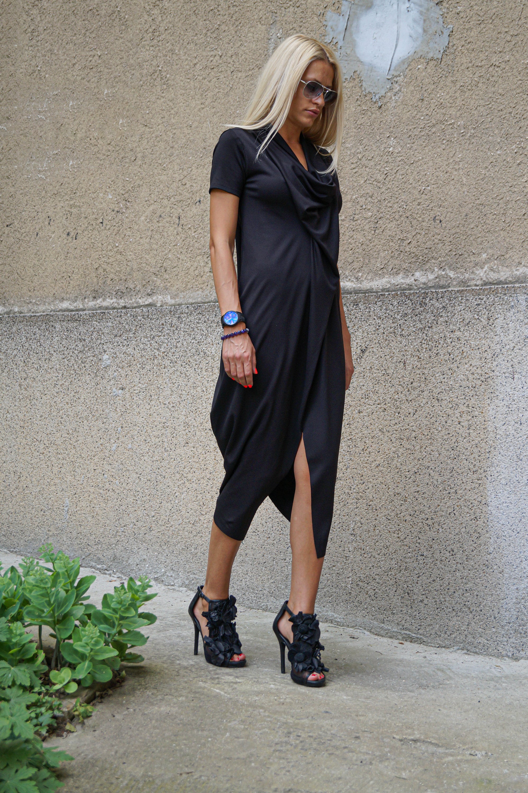 black asymmetrical maxi dress Polly