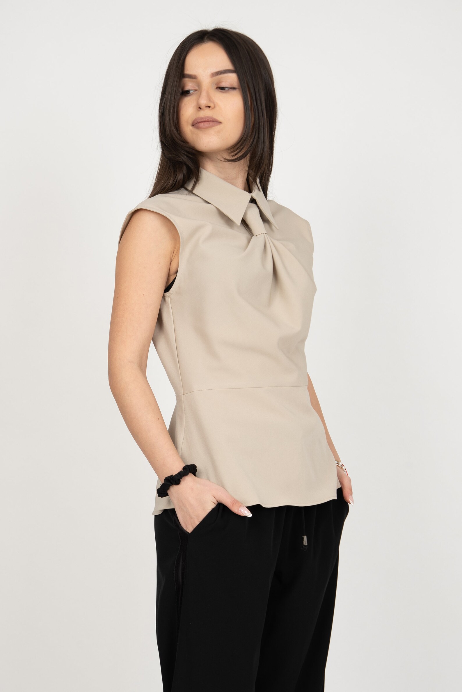 Beige Sleeveless Belted Top