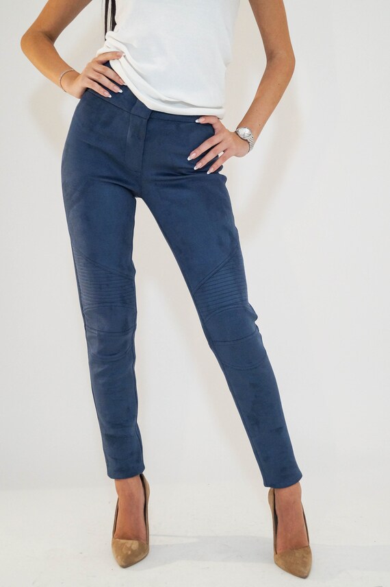 Blue Suede Pants/stretchy Pants/leggings/skinny Pants/blue Suede Pants/moto  Style Pants/biker Pants/slim Leg Pants/f1880 