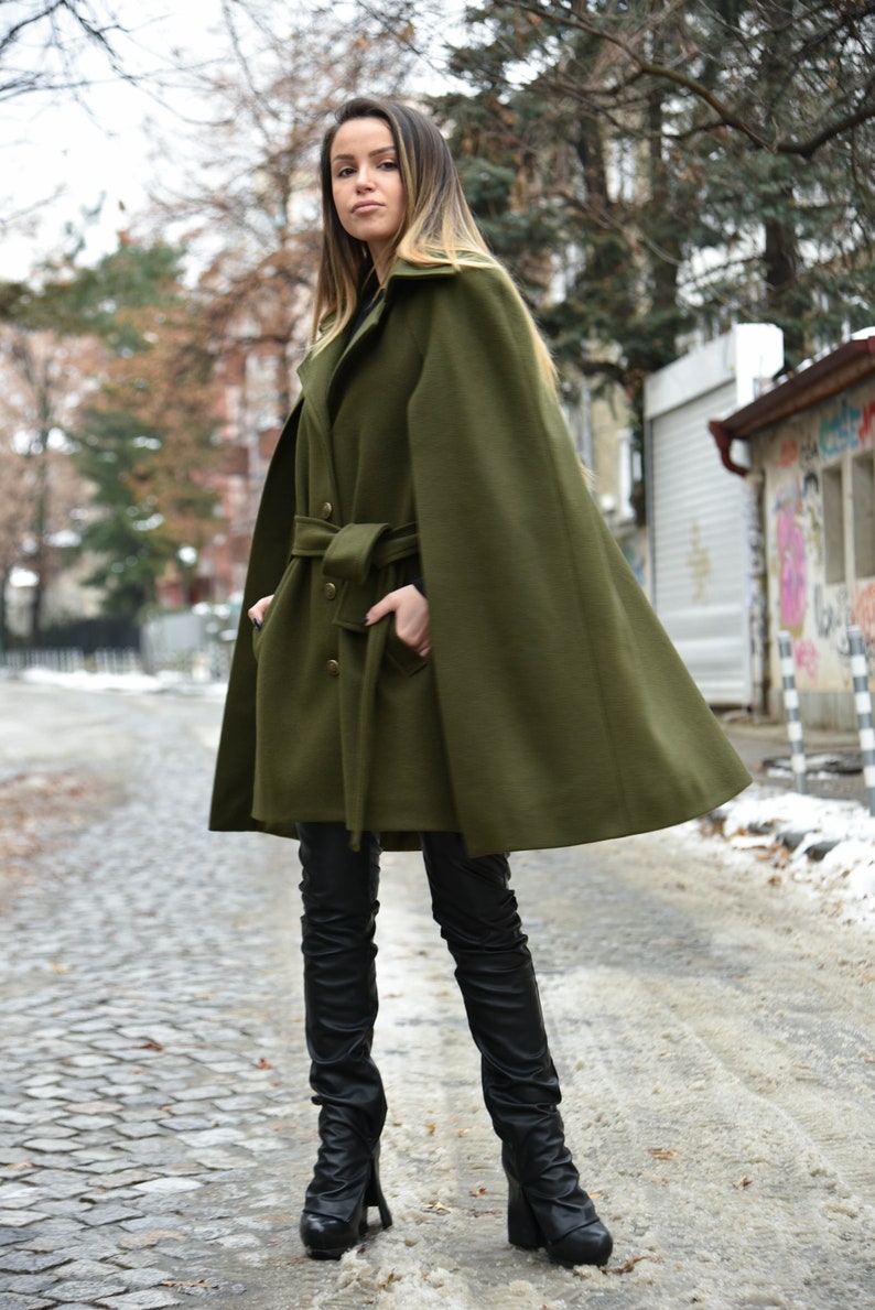 Winter Cape Coat/Green Jacket/Cape Coat/Cape Jacket/Green Fashion Cape Coat/Winter Jacket/Cloak Coat/Military Green Handcrafted Cloak/F2199 image 1