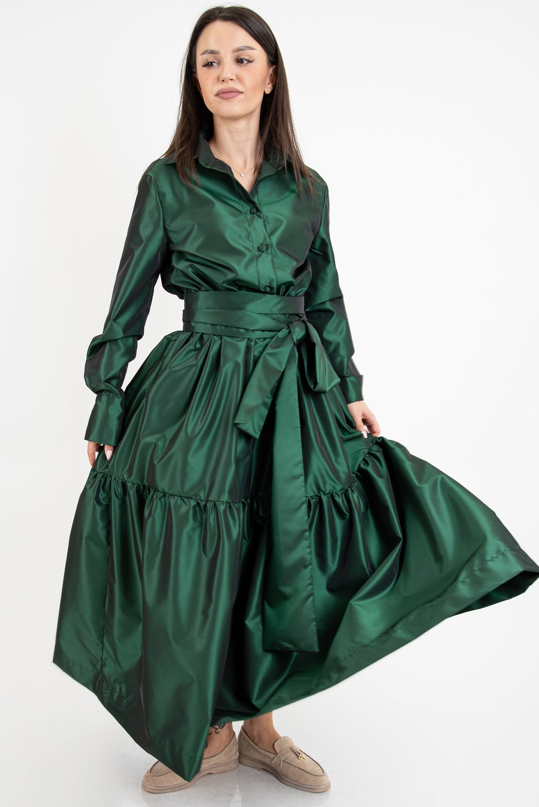 Green Taffeta Tiered Maxi Dress, Long Sleeve Shirtdress/F2511
