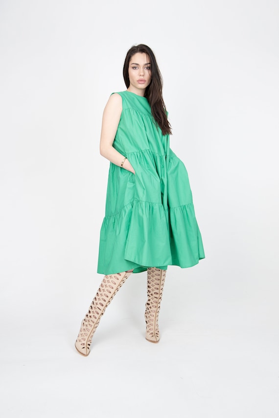 Ruffle Maxi Dress/green Cotton Dress/flowing Dress/boho