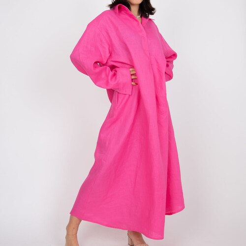 knee length dresses for ladies Tippi Tie-Back Linen Dress in Fuchsia S/M main image 0