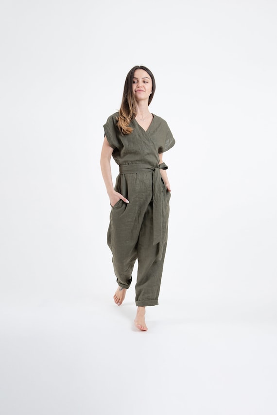 Military Linen Jumpsuit loose Linen Jumper casual Wrap Jumpsuit