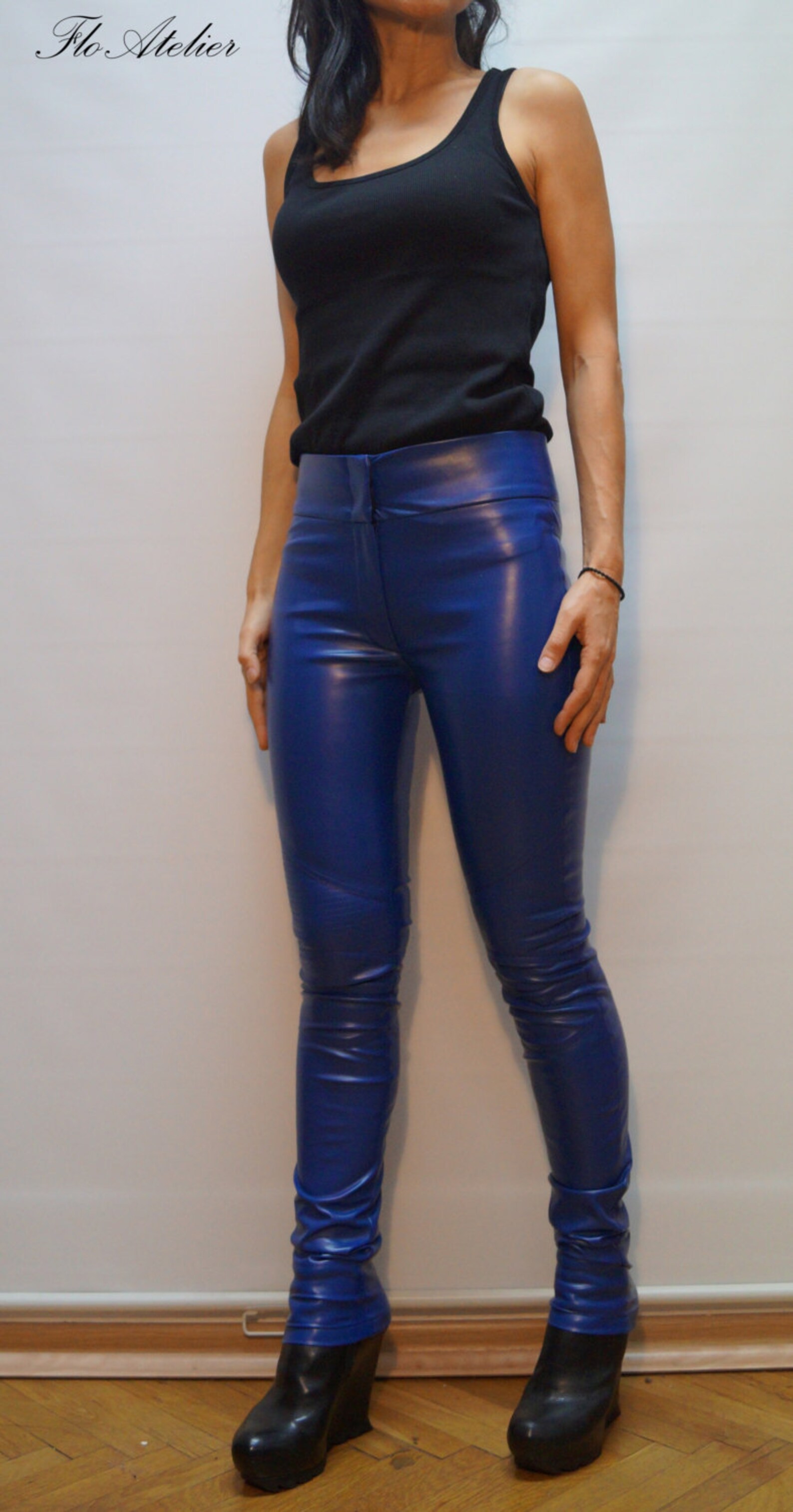Vegan Leather Pants/stretchy Pants/blue Leggings/skinny Etsy