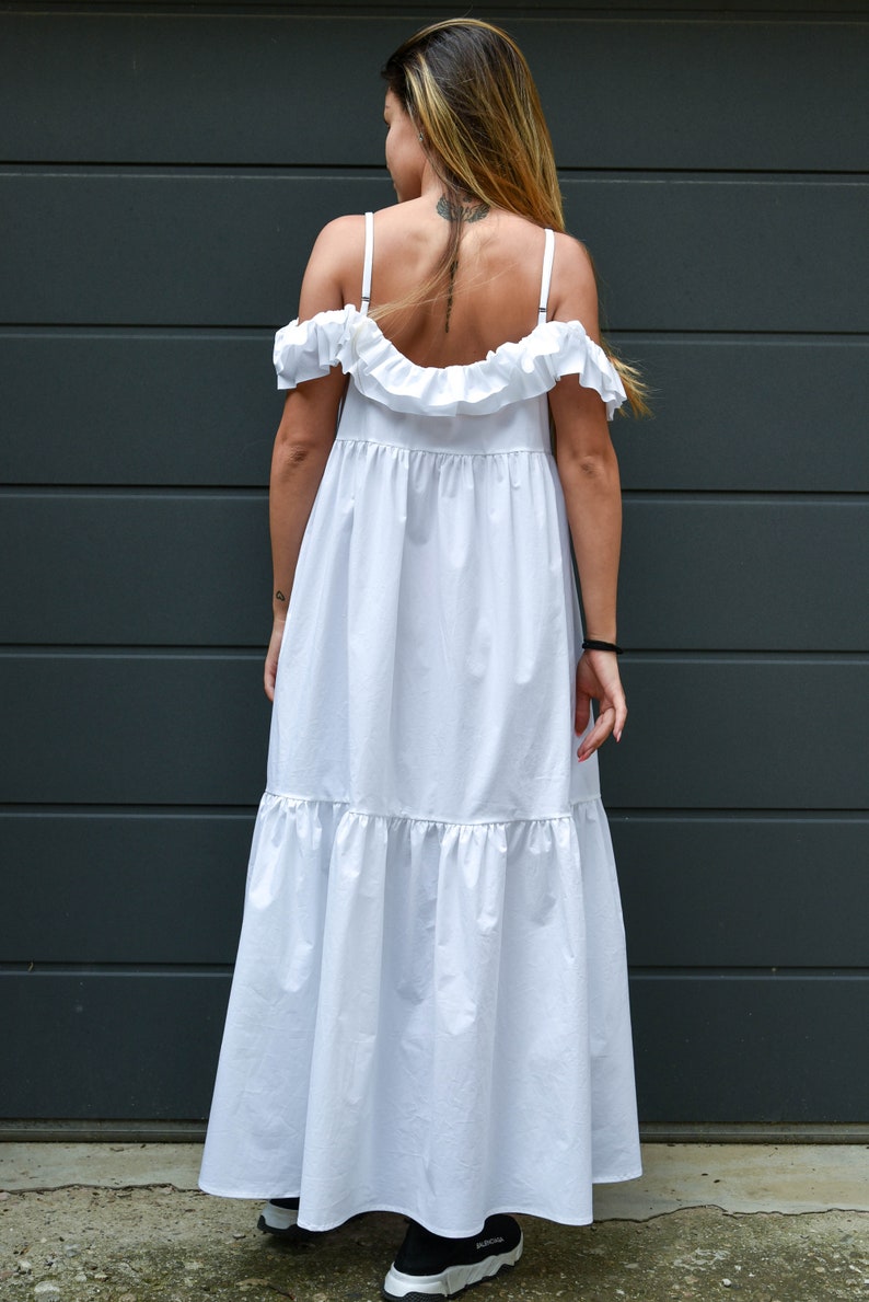 White Romantic Dress/Ruffled Dress/Off Shoulder Dress/Open Back Dress, Beach Dress/Summer Dress/Long Maxi Dress/Loose Dress/ Oversized/F2158 image 9