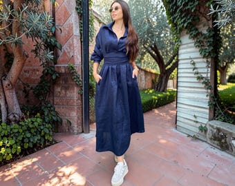 Navy Blue Linen Shirt Dress with Belt, Oversized Maxi Kaftan Dress with Pockets, Long Sleeve Linen Dress, F2141