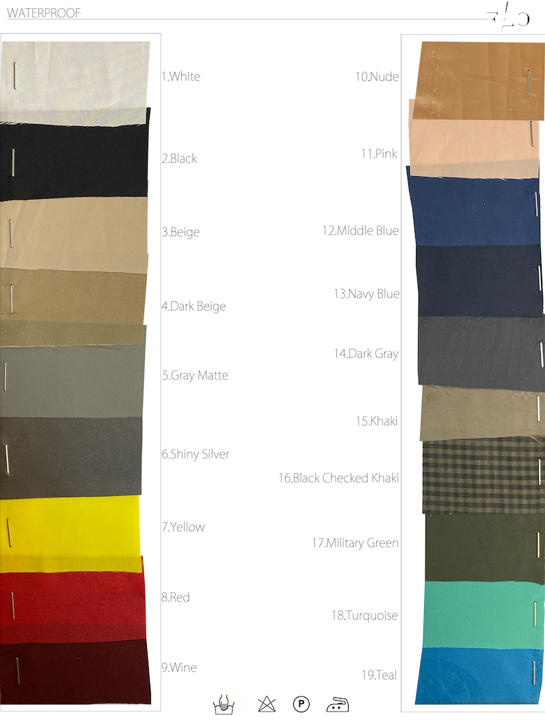 May include: A chart of 19 different fabric swatches labeled with their color names. The swatches are arranged in two columns, with the left column showing the fabric in its natural state and the right column showing the fabric after it has been treated with a waterproof finish. The fabric swatches include white, black, beige, dark beige, gray matte, shiny silver, yellow, red, wine, nude, pink, middle blue, navy blue, dark gray, khaki, black checked khaki, military green, turquoise, and teal.