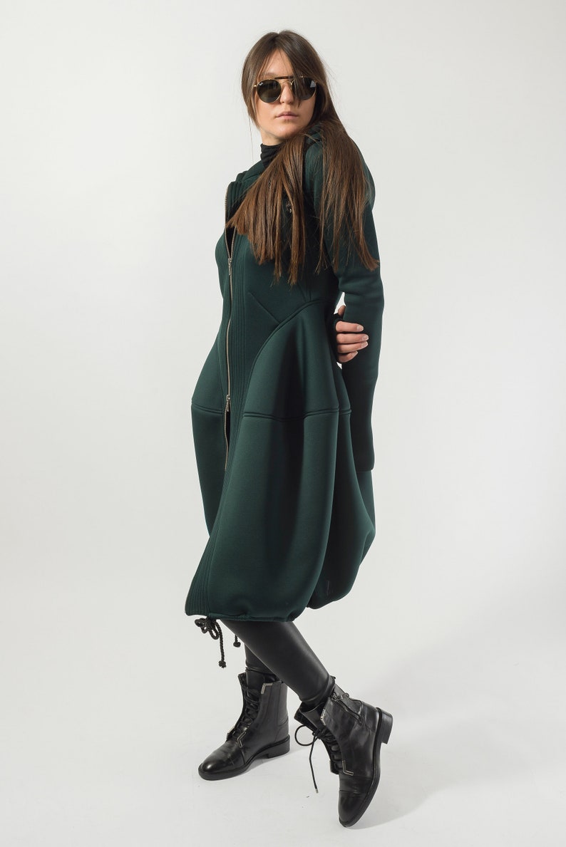 Hooded Long Neoprene Coat/Winter Cape Coat/Neoprene Coat/Long Sleeve Trench Coat/Large Pockets Coat/Autumn Winter Green Coat/F1824 image 6