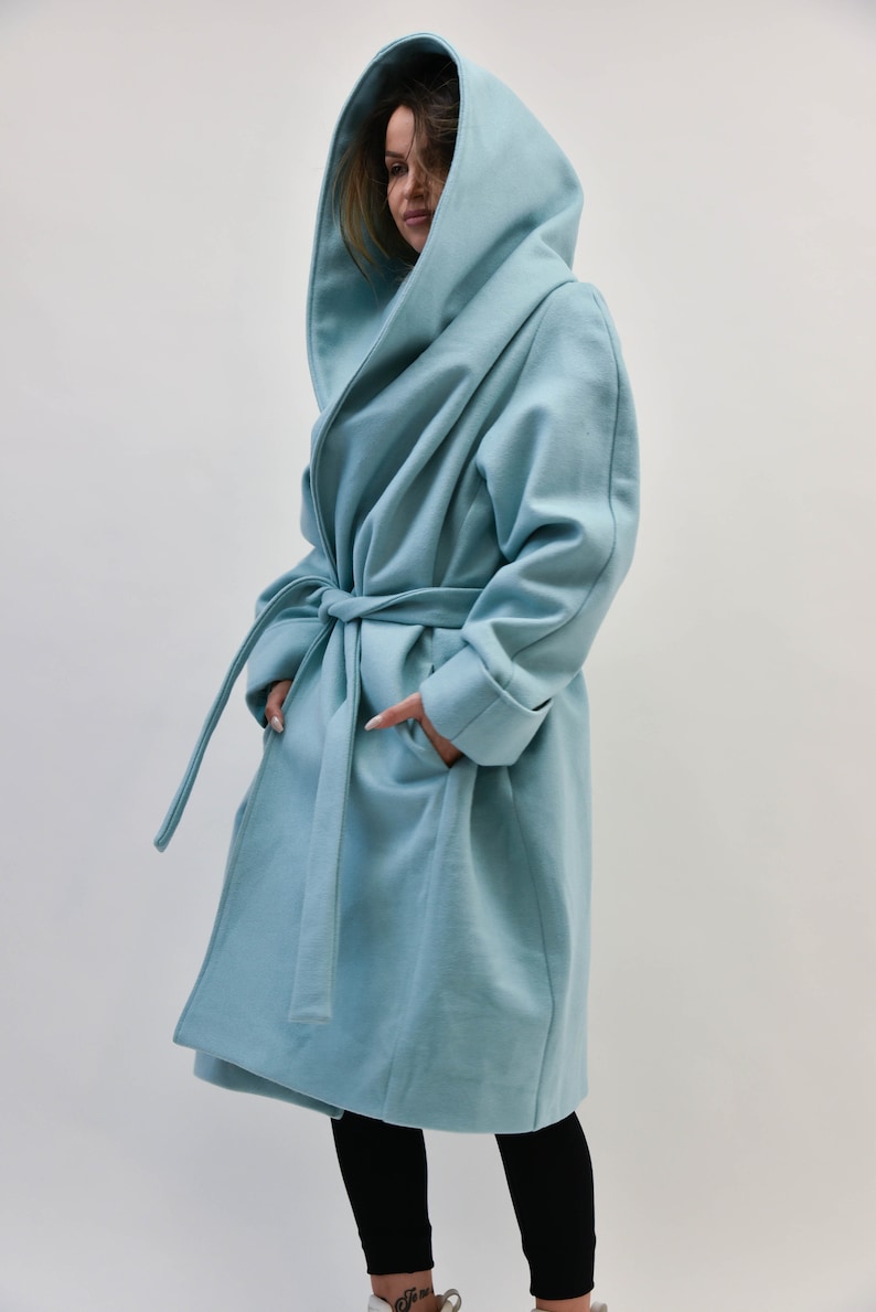 Hooded Long Wool Coat/Winter Cape Coat/Cashmere Wool Coat /Long Sleeve Trench Coat Large Pockets Coat/Casual Autumn Winter Blue Coat/F2208 image 1